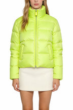 Women's Stand Collar Striped Quilted Loose Shiny Thick Jacket