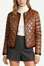Women's Crew Neck Quilted Diamond Pattern Fashion Thick Jacket