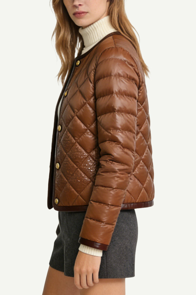 Women's Crew Neck Quilted Diamond Pattern Fashion Thick Jacket