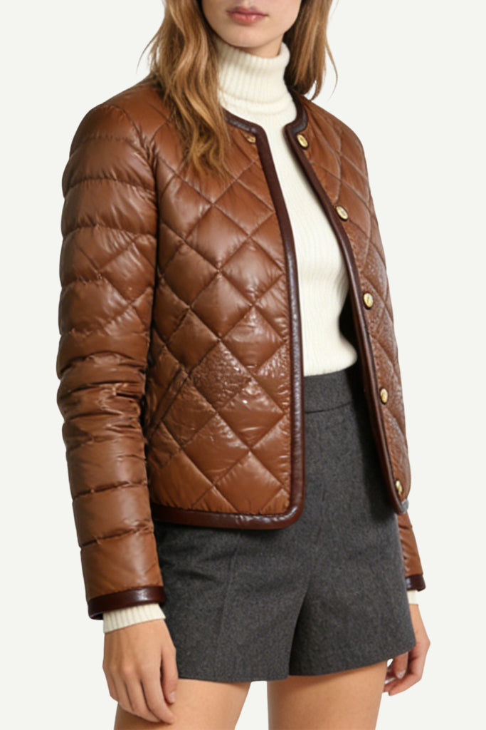 Women's Crew Neck Quilted Diamond Pattern Fashion Thick Jacket