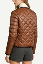 Women's Crew Neck Quilted Diamond Pattern Fashion Thick Jacket