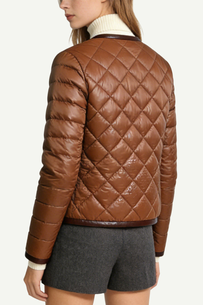 Women's Crew Neck Quilted Diamond Pattern Fashion Thick Jacket