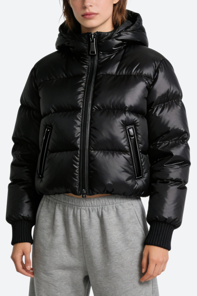 Women's Hooded Shiny Minimalist Loose Thick Jacket