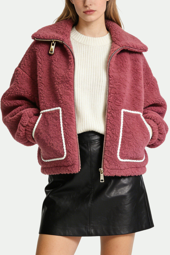 Women's Lapel Zipper Pocket Decor Loose Thick Jacket