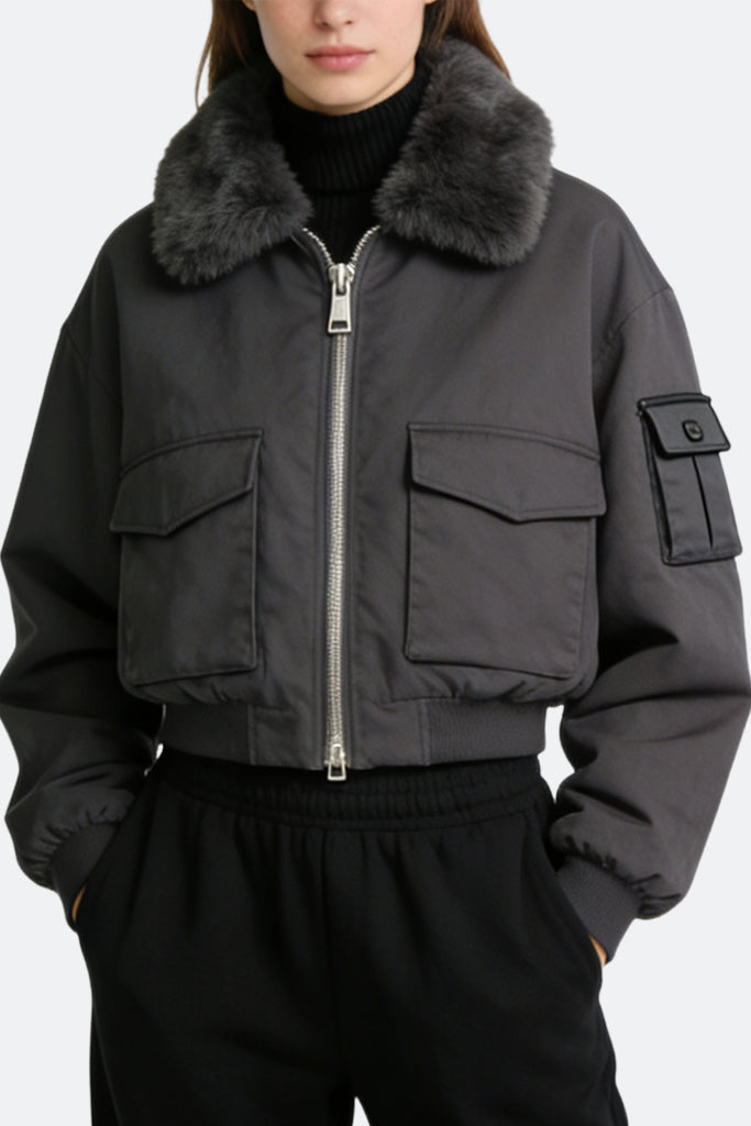 Women's Lapel Fur Collar Decor Loose Thick Jacket