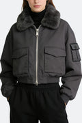 Women's Lapel Fur Collar Decor Loose Thick Jacket