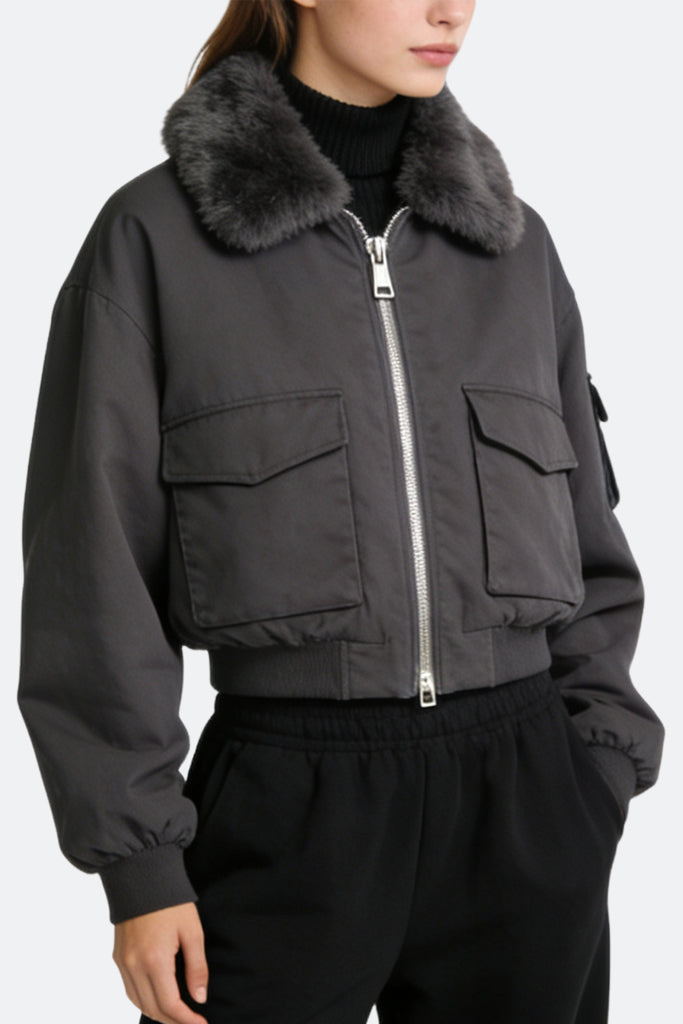 Women's Lapel Fur Collar Decor Loose Thick Jacket