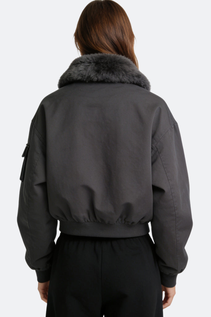 Women's Lapel Fur Collar Decor Loose Thick Jacket