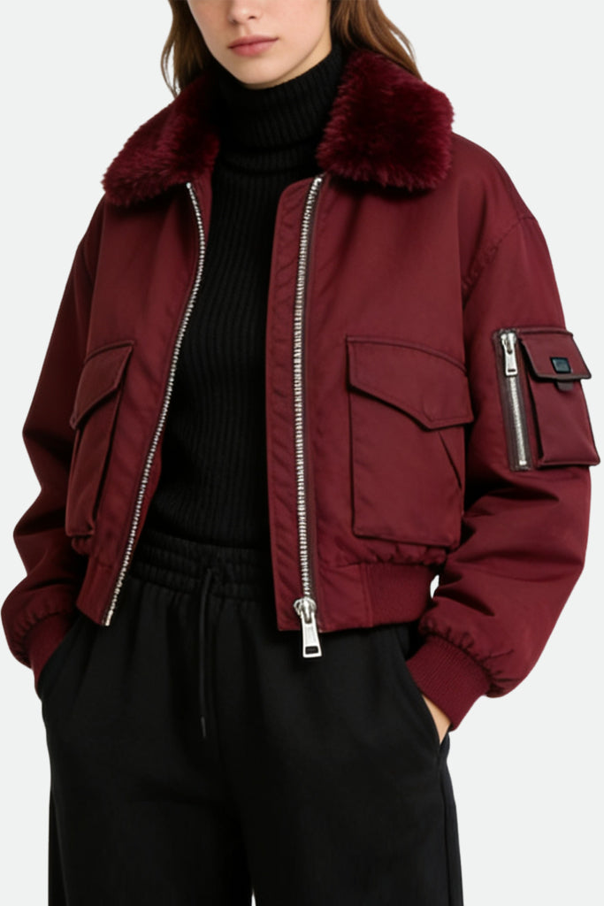 Women's Lapel Multi-Pocket Zipper Decor Casual Thick Jacket