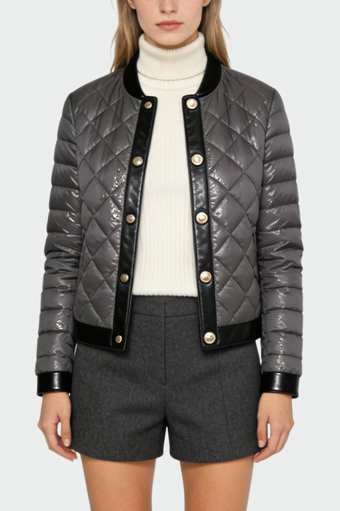 Women's Crew Neck Quilted Diamond Pattern Temperament Thick Jacket