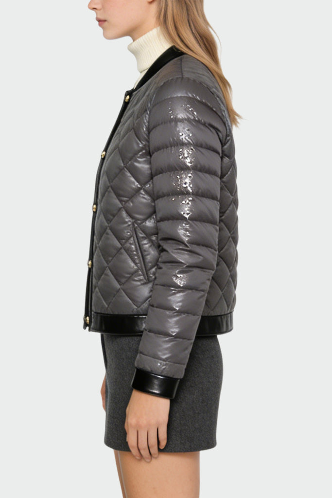 Women's Crew Neck Quilted Diamond Pattern Temperament Thick Jacket