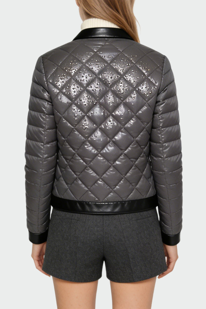 Women's Crew Neck Quilted Diamond Pattern Temperament Thick Jacket