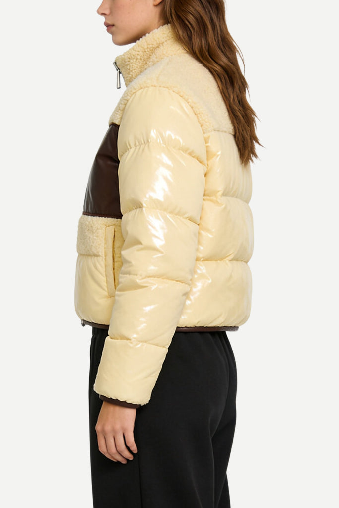 Women's Stand Collar Color-Block Pocket Decor Casual Thick Jacket
