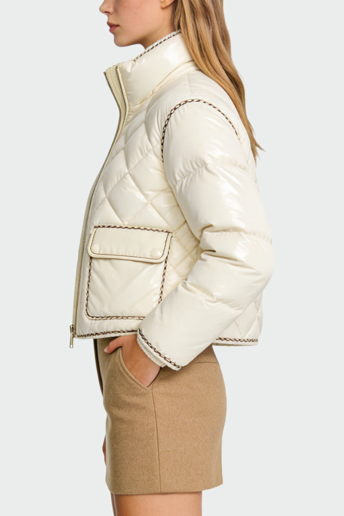 Women's Stand Collar Quilted Diamond Pattern Exquisite Thick Jacket