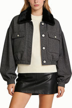 Women's Lapel Fur Collar Decor Loose Casual Thick Jacket