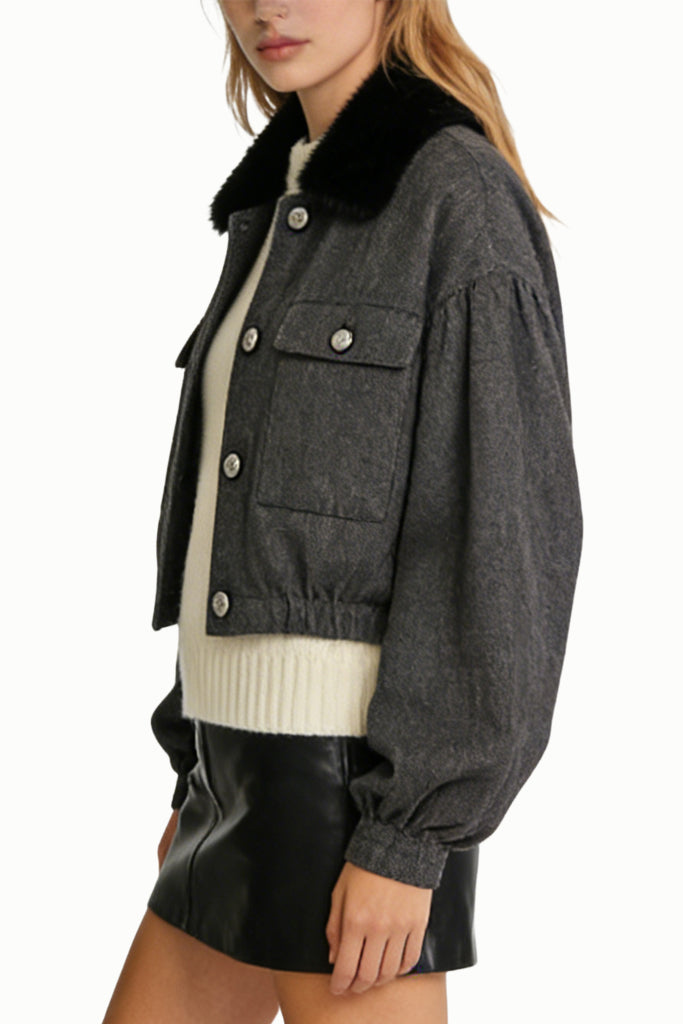 Women's Lapel Fur Collar Decor Loose Casual Thick Jacket