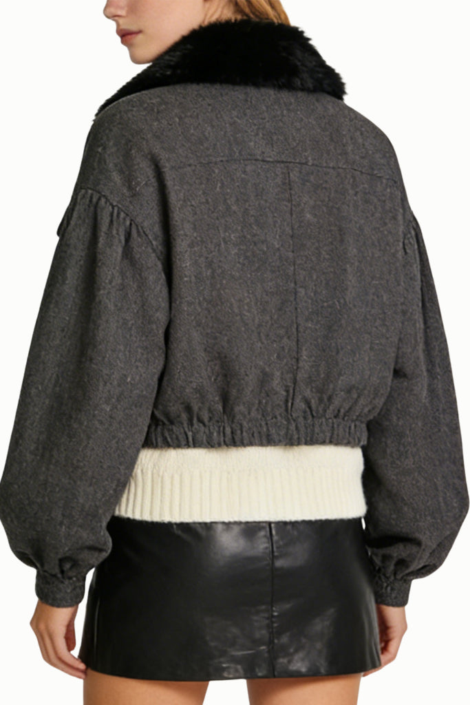 Women's Lapel Fur Collar Decor Loose Casual Thick Jacket