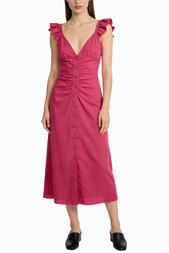 Vintage Ruffle V-Neck Midi Dress