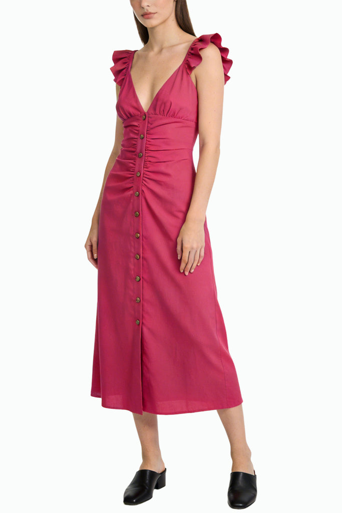 Vintage Ruffle V-Neck Midi Dress