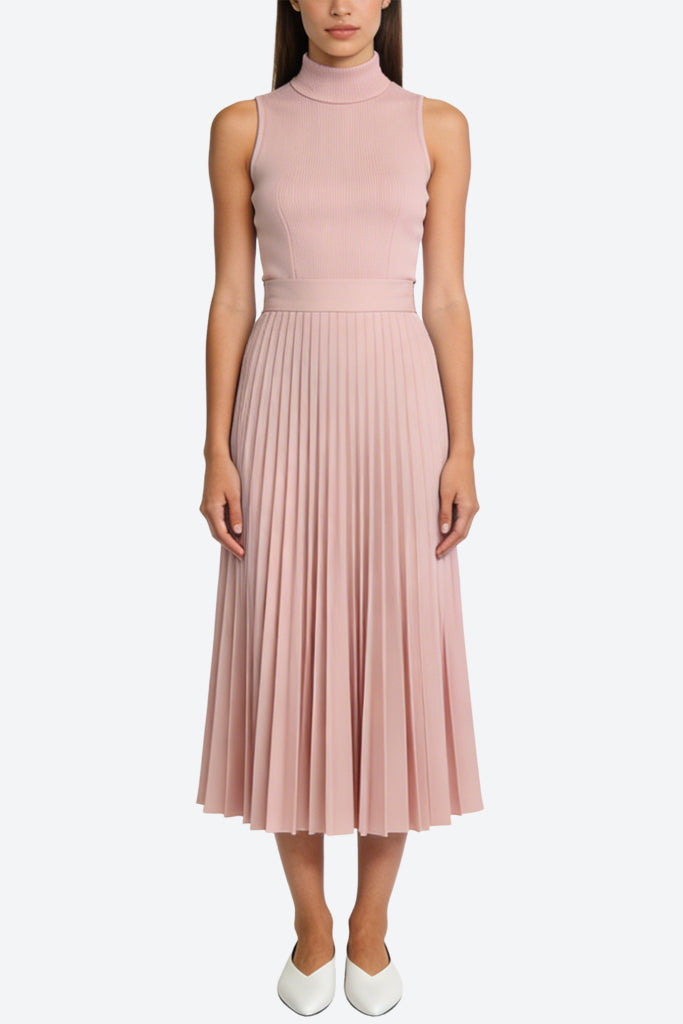 Temperament High Neck Sleeveless Pleated Midi Dress