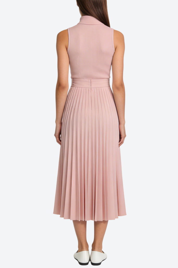 Temperament High Neck Sleeveless Pleated Midi Dress