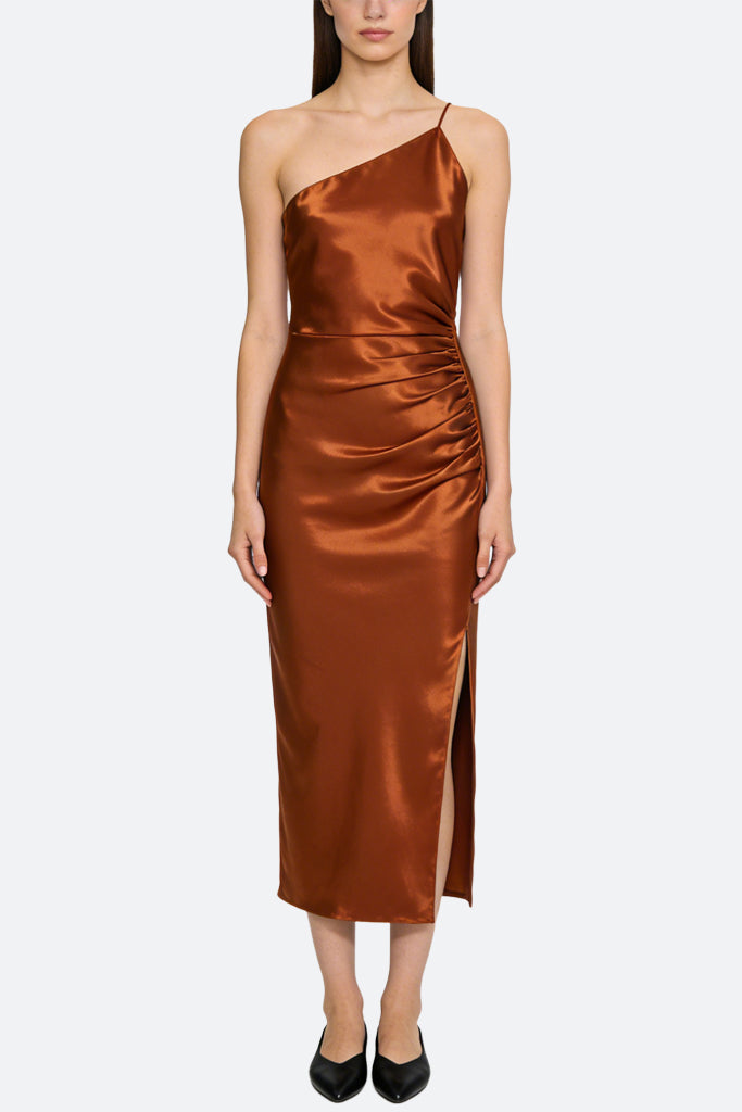 Sensual One-Shoulder Pleated Slit Midi Dress
