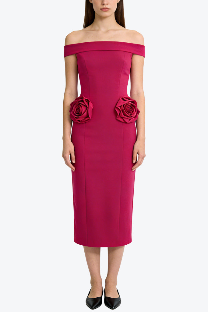 Elegant Rose Decor off Shoulder Midi Dress