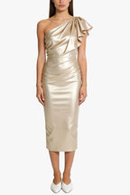 Shiny One-Shoulder Ruffle Midi Dress