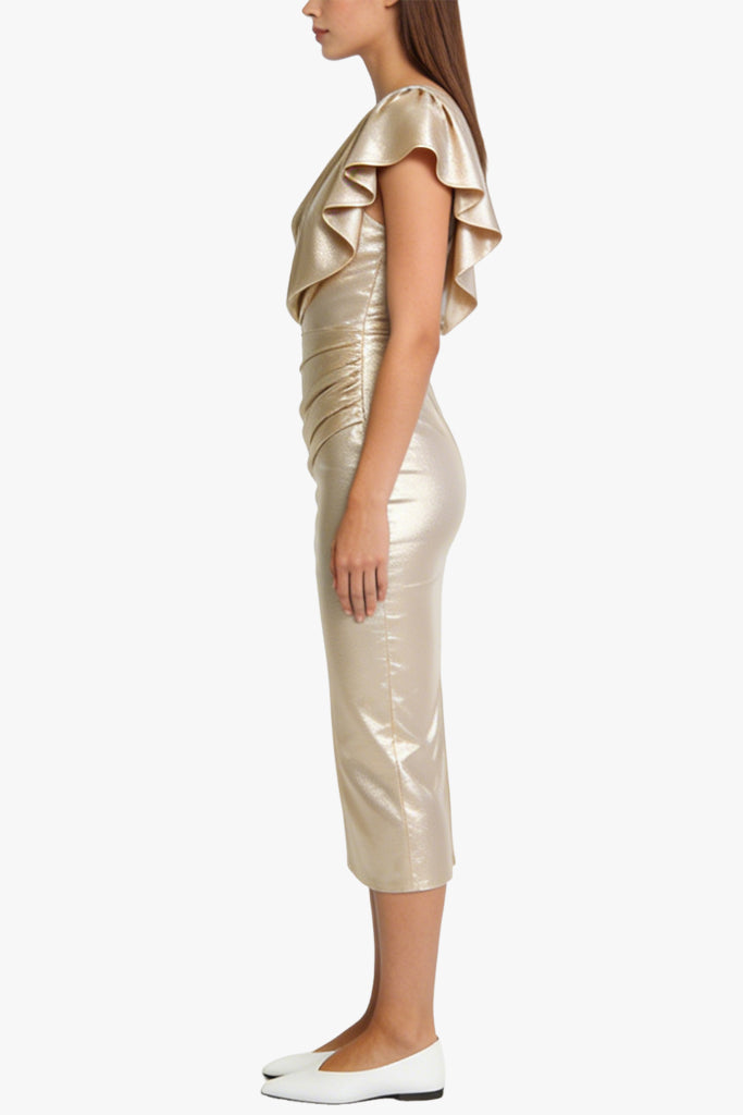 Shiny One-Shoulder Ruffle Midi Dress