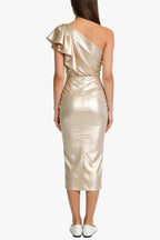 Shiny One-Shoulder Ruffle Midi Dress