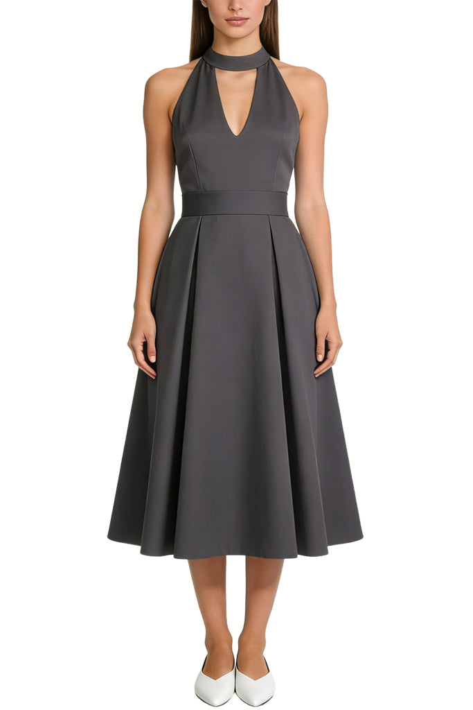 Temperament Halter Neck Waist Flare Midi Dress