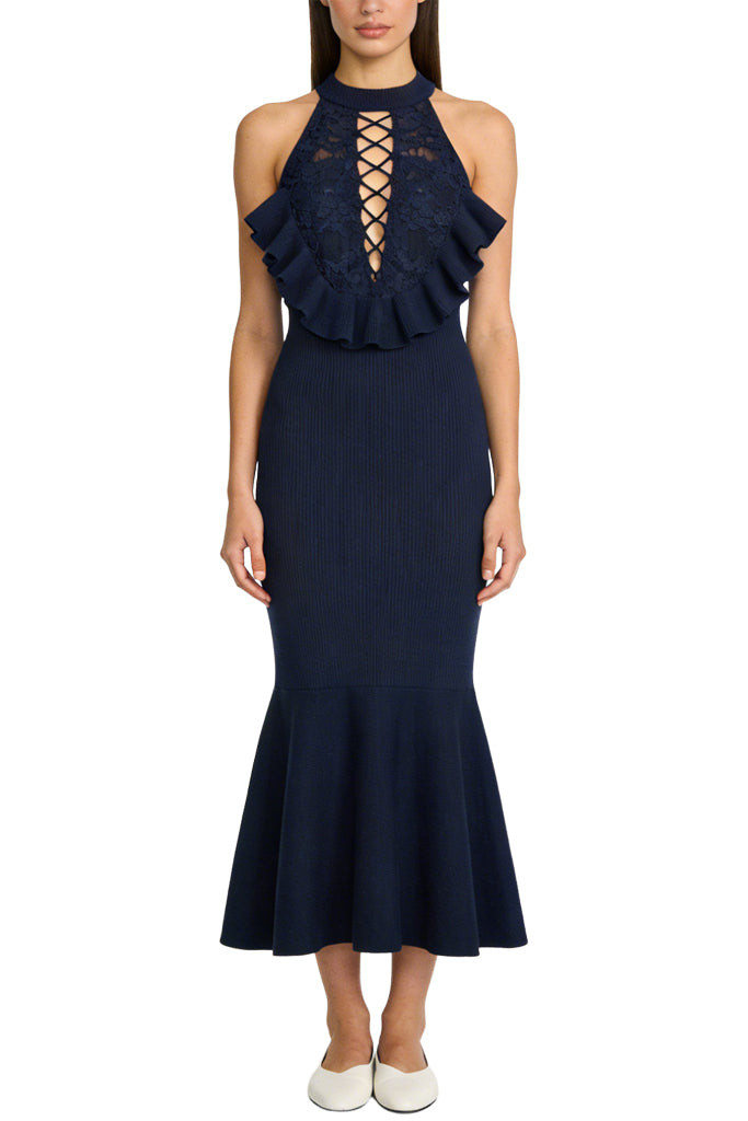 Romantic Lace Halter Neck Fishtail Midi Dress