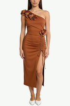 Romantic Rose Decor One-Shoulder Midi Dress