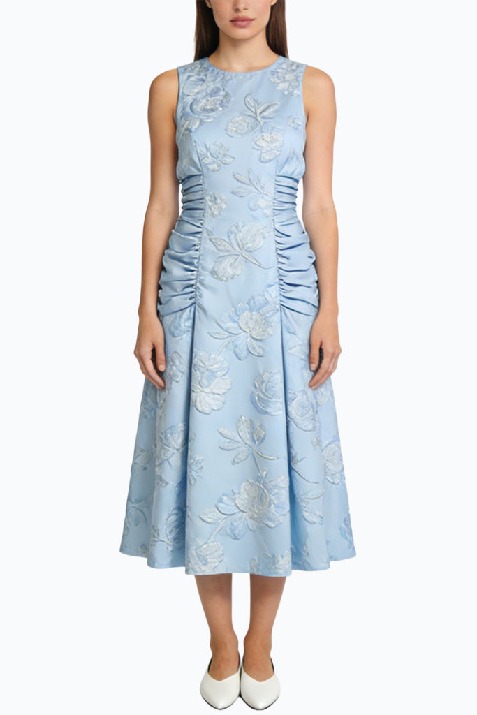 Elegant Floral Jacquard Waist Midi Dress