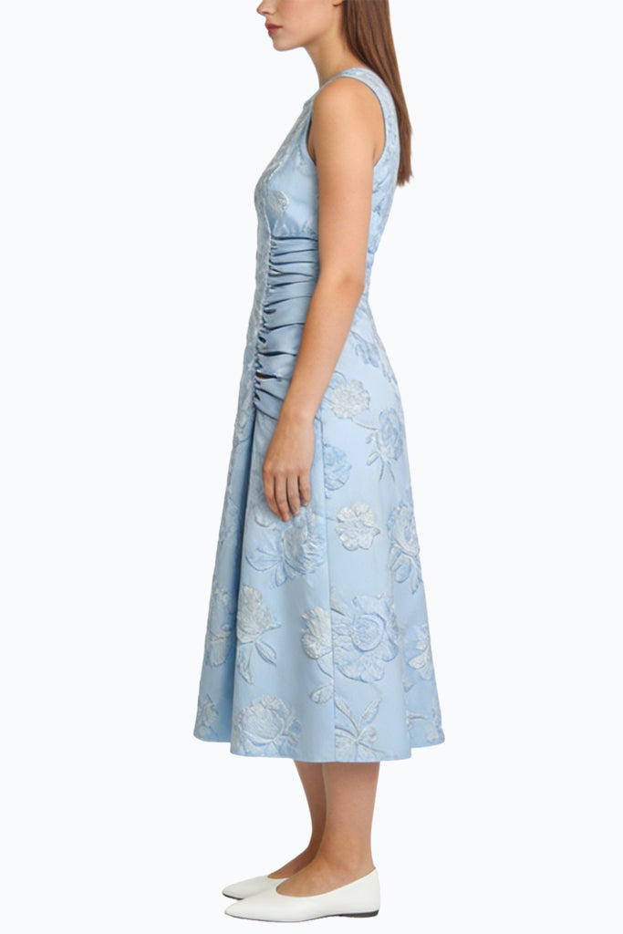 Elegant Floral Jacquard Waist Midi Dress