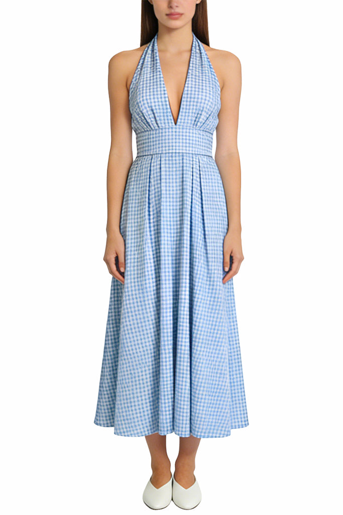 Classic Plaid Halter Neck Waist Flare Midi Dress