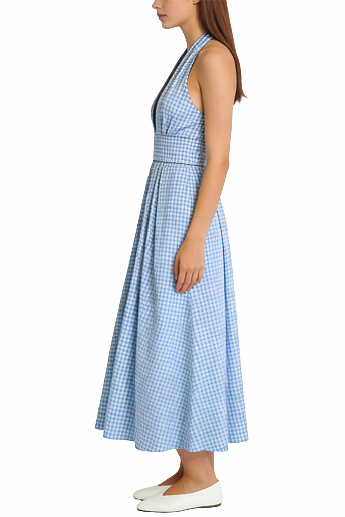 Classic Plaid Halter Neck Waist Flare Midi Dress