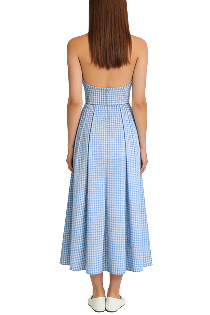 Classic Plaid Halter Neck Waist Flare Midi Dress