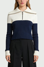 Women's Lapel Half-Zip Color-Block Stripe Sweater