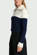 Women's Lapel Half-Zip Color-Block Stripe Sweater