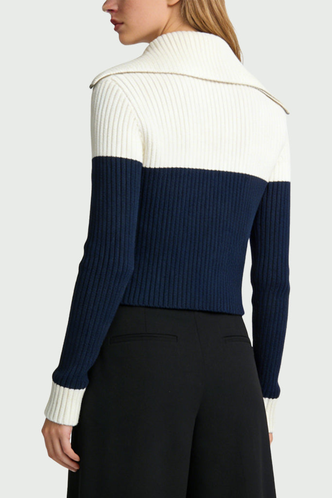 Women's Lapel Half-Zip Color-Block Stripe Sweater