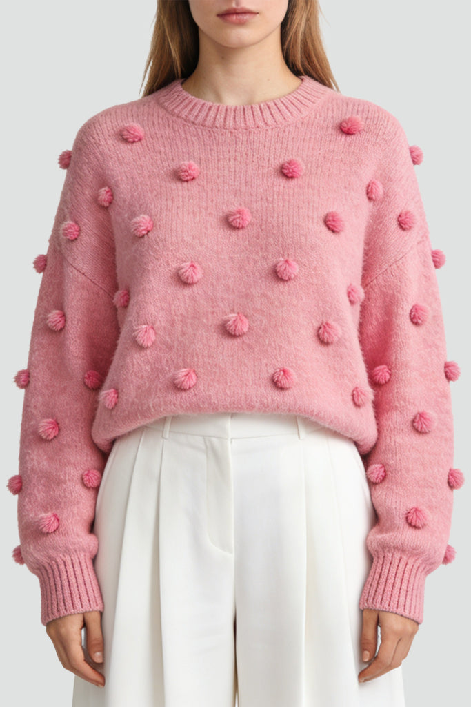 Women's Crew Neck 3D Pom-Pom Decor Loose Sweater