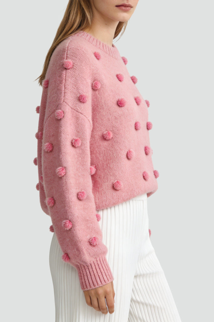 Women's Crew Neck 3D Pom-Pom Decor Loose Sweater