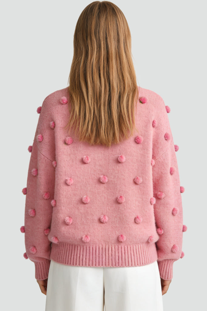 Women's Crew Neck 3D Pom-Pom Decor Loose Sweater