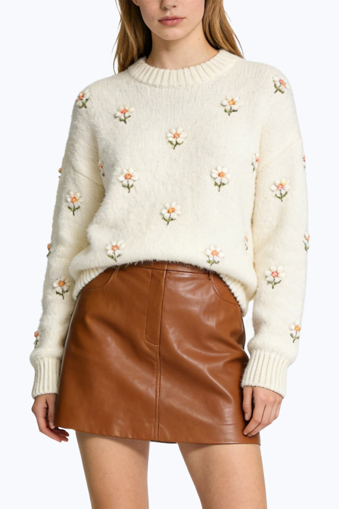 Women's Crew Neck Floral Embroidered Casual Comfortable Sweater
