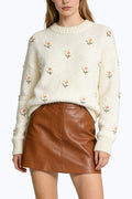 Women's Crew Neck Floral Embroidered Casual Comfortable Sweater