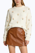 Women's Crew Neck Floral Embroidered Casual Comfortable Sweater