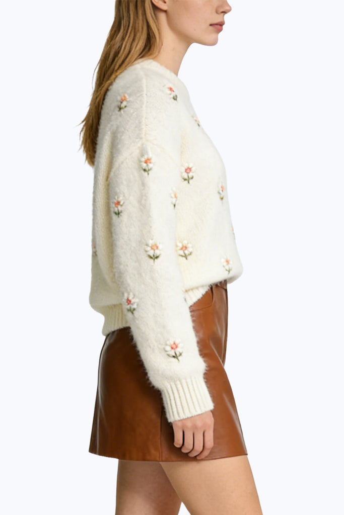Women's Crew Neck Floral Embroidered Casual Comfortable Sweater
