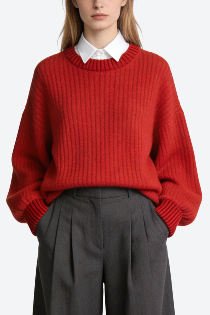 Women's Crew Neck Vertical Knit Lantern Sleeve Casual Sweater