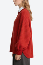 Women's Crew Neck Vertical Knit Lantern Sleeve Casual Sweater